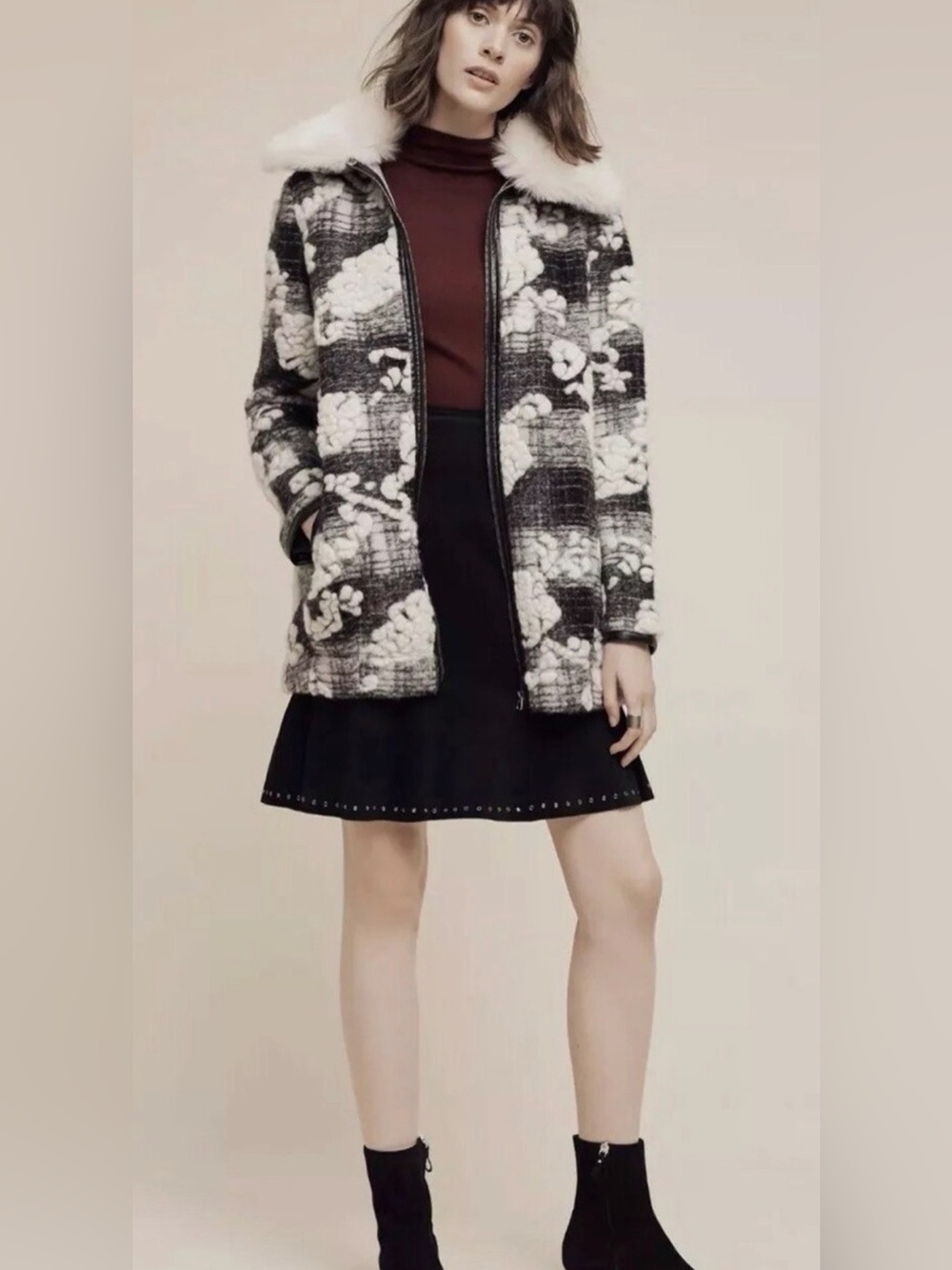 Anthropologie Hei Hei Black & White Faux Fur Collar Plaid Coat